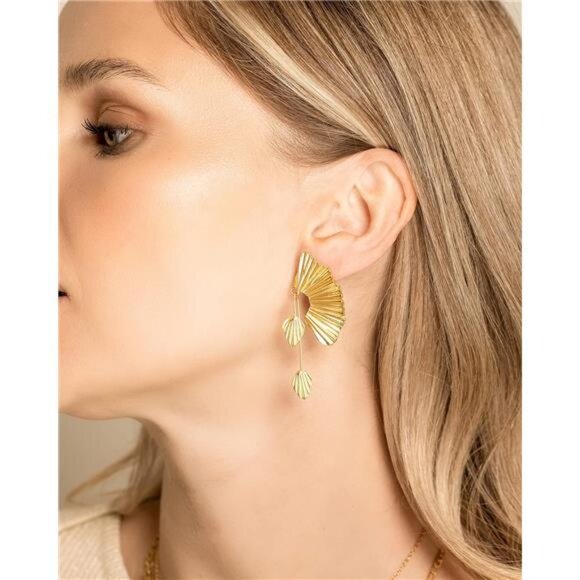 18K Gold Plated Boho Fan Earrings | Chunky Statement Dangle - Picture 2 of 7